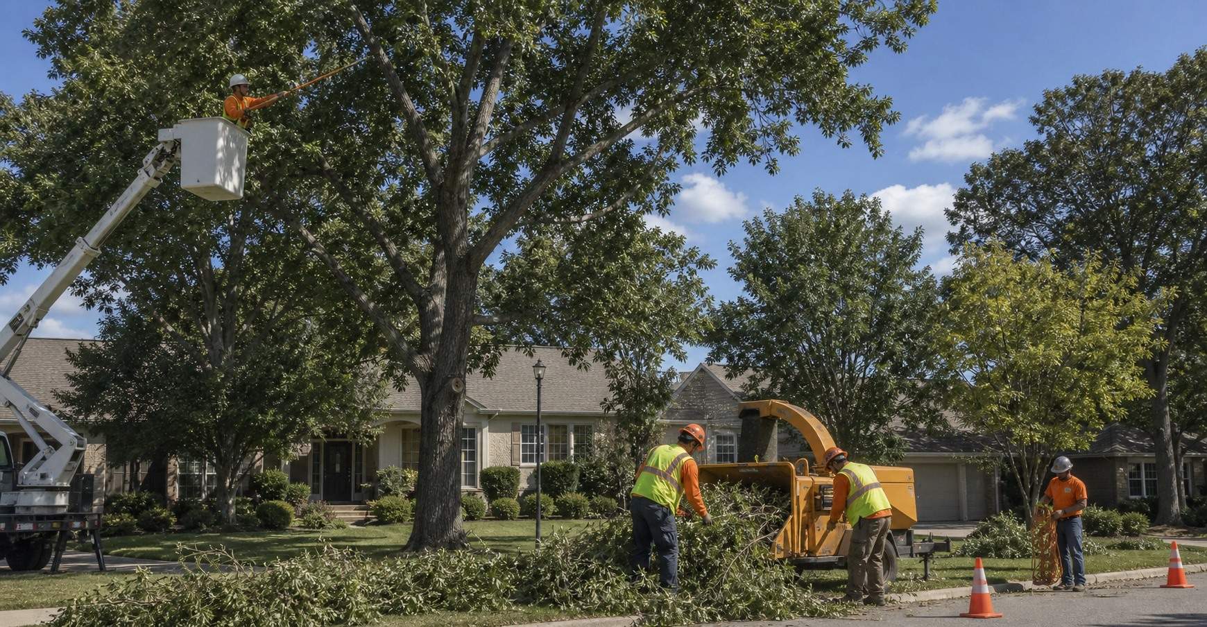 Tree crew in safety vests working from a bucket truck and feeding a chipper outside a home