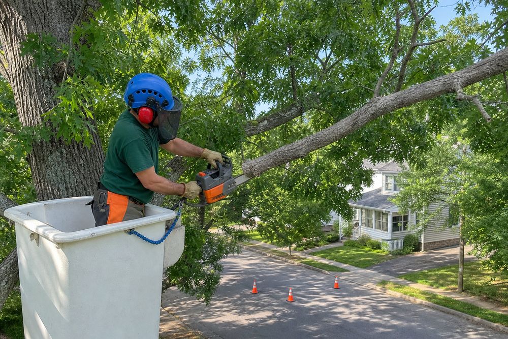 Crew member in a bucket cutting deadwood above a quiet street